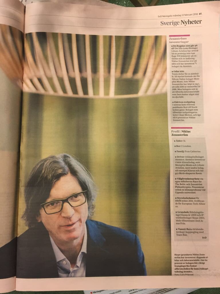 RFTB's founder Niklas Zennström interviewed in Sweden's daily paper <a href="/SvD/">Svenska Dagbladet</a> 'Successful companies of the future will be those that focus on solving sustainability challenges'