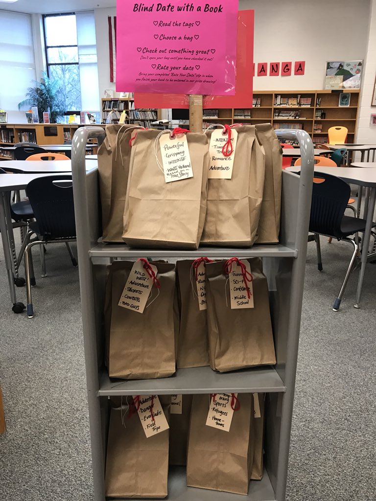 kilmerlibrary's tweet photo. Stop by the library and take your chances on a “Blind Date with a Book!” #ourkms #reading #librarydisplay #booklove https://t.co/0A4PcrCcy7