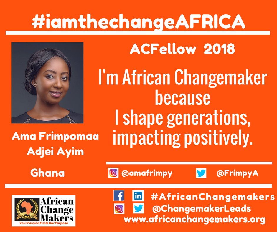ChangemakerLead's tweet photo. Ama Frimpomaa Adjei Ayim (Ghana) – ACFellow 2018
I'm African Changemaker because I shape generations, impacting positively. #iamthechangeAFRICA @amafrimpy @FrimpyA #Africaunion
#ACFellowship #ChangemakerLeads #ACFellow2018 #Changemakers #AfricaYouth https://t.co/6m8e5cmnSN