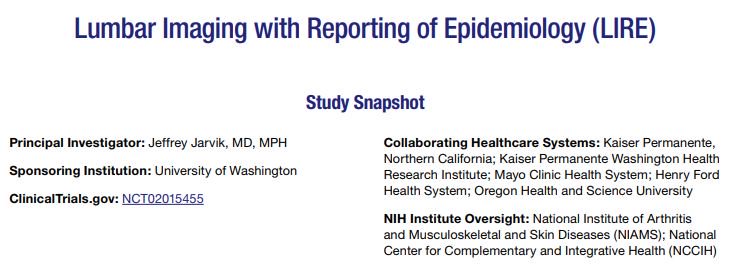 Through the LIRE Demo Project, Dr. Jeffrey Jarvik & team aim to reduce additional tests & treatments for low #BackPain by including epidemiologic benchmarks into #LumbarSpine imaging reports. Check out the Study Snapshot: bit.ly/2EnAtNz @seattleneurorad