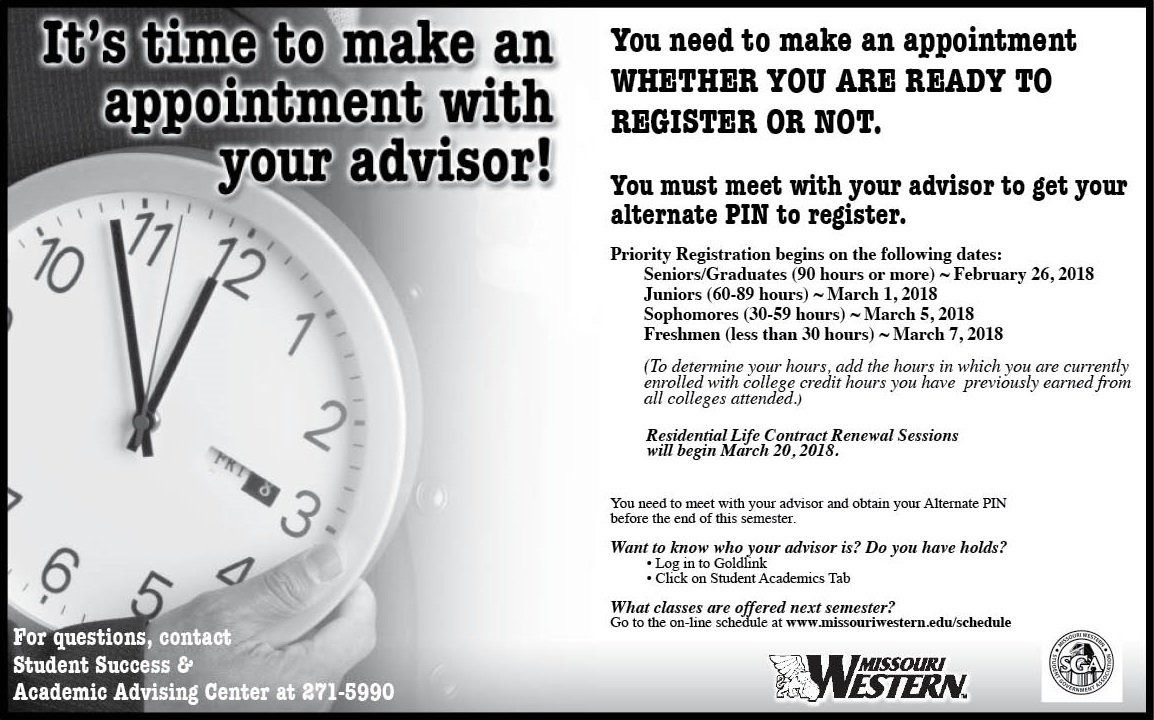 It's time to make an appointment to meet with your advisor! Remember you are REQUIRED to meet to get your 4 digit PIN before registering for Fall/Summer courses!

Don't wait! Schedule an appointment now so you can make sure you get enrolled in the classes you need and want!