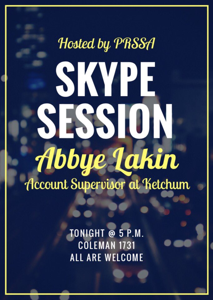 EIUPantherPR's tweet photo. PRSSA is having a Skype session tonight at 5 p.m. with Abbye Lakin who is an account supervisor at Ketchum in Chicago! There will be a short Q &amp; A after so come with prepared questions! Great opportunity to find out more information about working at a global PR firm #PantherPR 💙 https://t.co/NQvE2t837A