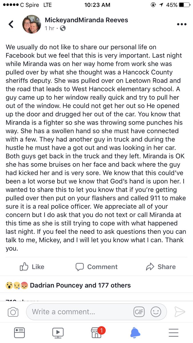 ahlersabby's tweet photo. If you live in Hancock County, especially females and those with girly decals on your vehicle, be aware!!! https://t.co/2RPm39iIi6