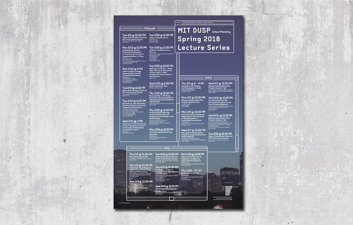 MITdusp's tweet photo. Announcing DUSP's 2018 Spring Lecture Series! We have an exciting array of lectures this semester, ranging on topics including pollution, immigration, transportation, sustainability, and more #MITDUSP https://t.co/64nRiGtWUe https://t.co/CeB3ThKnge