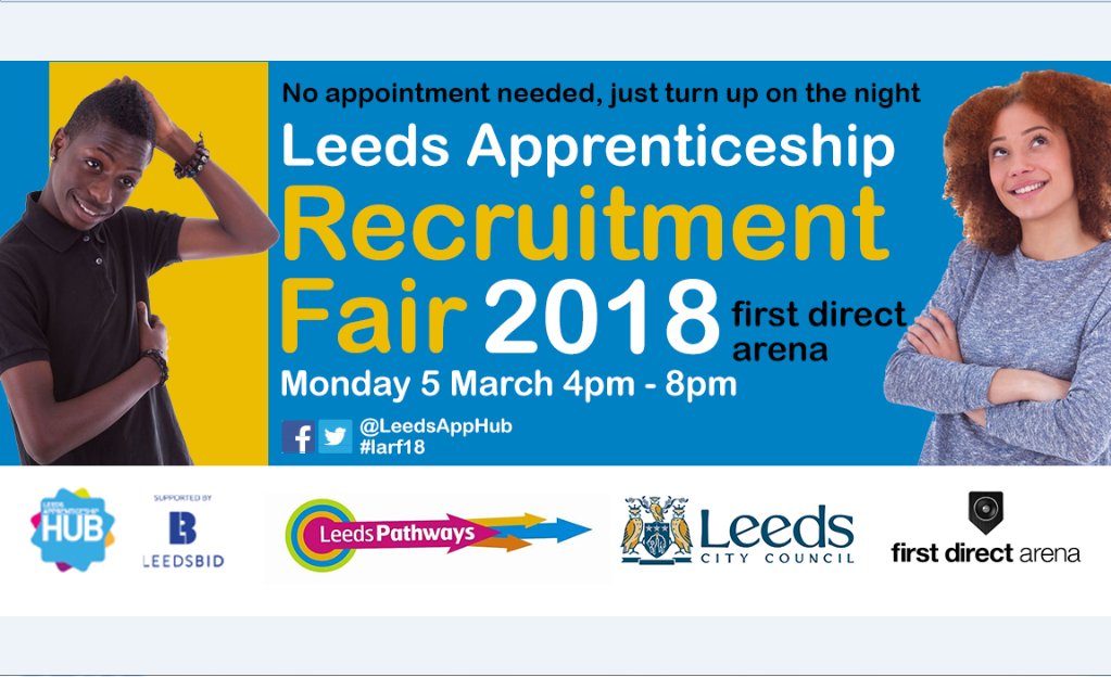 Come along to Leeds Apprenticeship Recruitment Fair on Monday 5th March 2018 at the First Direct Arena from 4pm to 8pm. No appointment needed, just come along on the night. #recruitment #Jobs #apprenticeships
