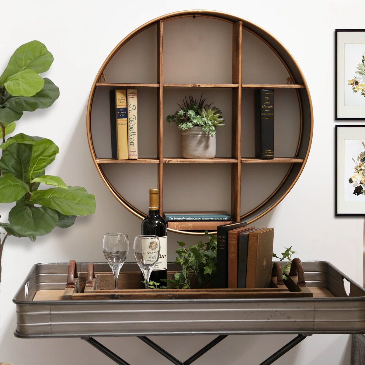 UrbanTrendsHome's tweet image. Modern Farmhouse style. Round galvanized wall shelf with wood dividers; Item 54002. Metal, rectangular tray table with wood surface &amp;amp; crossed legs in galvanized finish; Item 31049. #homedecor #traytable #coffeetable #shelf #farmhouse #moderndesign #modernfarmhouse #interiordesign