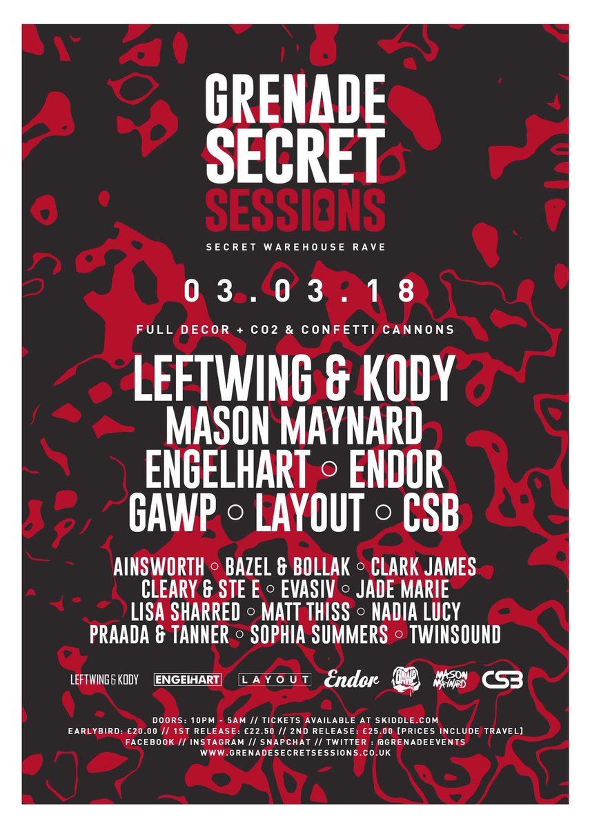GrenadeEvents's tweet photo. ‼️GRENADE SECRET SESSIONS‼️

Join us on Saturday 3rd March and step into the UNKNOWN! Headline sets from; @LeftwingKody @masonmaynard @endormusicuk @gawpmusic  ENGELHART @distinctlayout and @csbdj 

⚠️ BUY YOUR TICKETS FROM SKIDDLE NOW 👉🏽 https://t.co/hgPIAIoUDG https://t.co/OsTastwbor