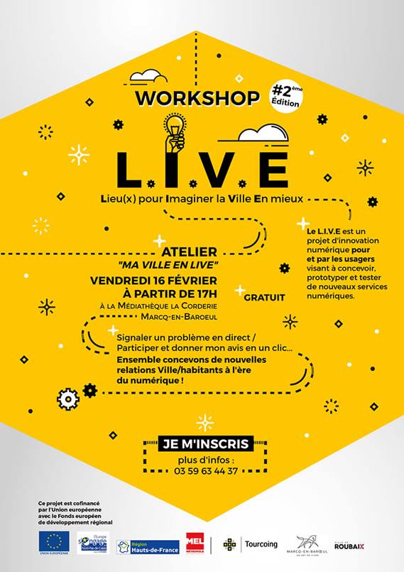 /// MA VILLE EN L.I.V.E. ///

Et si on construisait la relation Ville/habitant à l'ère du numérique ?

Quel que soit votre âge, votre profession, vos connaissances... venez partager vos idées à La Corderie, vendredi 16 février à 17h !

Plus d'infos sur : bit.ly/2H7q3Ac