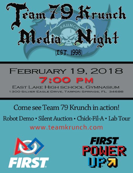 Would you like to see what Team 79 Krunch is all about?

COME SEE TEAM 79 ROBOTICS AT THEIR MEDIA NIGHT!