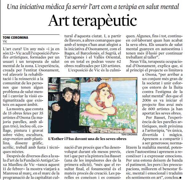 SalutMentalCat's tweet photo. Ep! Els companys d'@Osonament a La Vanguardia amb un article ben interessant sobre el projecte de #ParellesArtístiques: “Art terapèutic, Una iniciativa mèdica fa servir l’art com a teràpia en #SalutMental” #rehabilitació #reinserció #comunitària #ArtTerapeutic Enhorabona! https://t.co/ng3hFy5QJ2