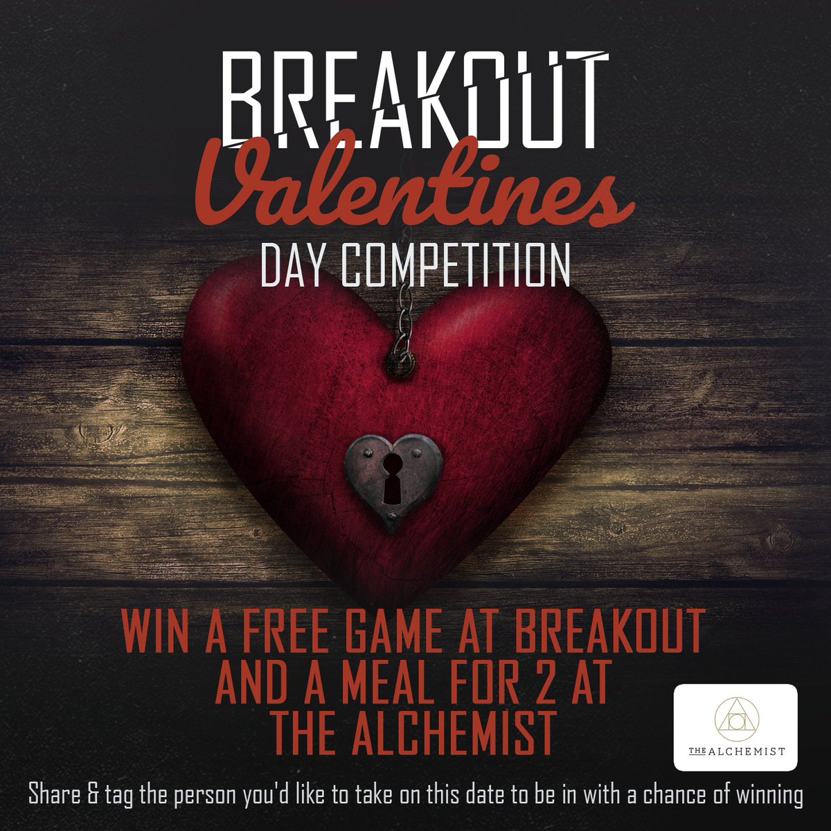 Breakout Valentine's Day competition! Retweet this post and tag the person you'd share the prize with for a chance to win a game at Breakout Manchester and meal for 2 at @TheAlchemistUK (Spinningfields branch)