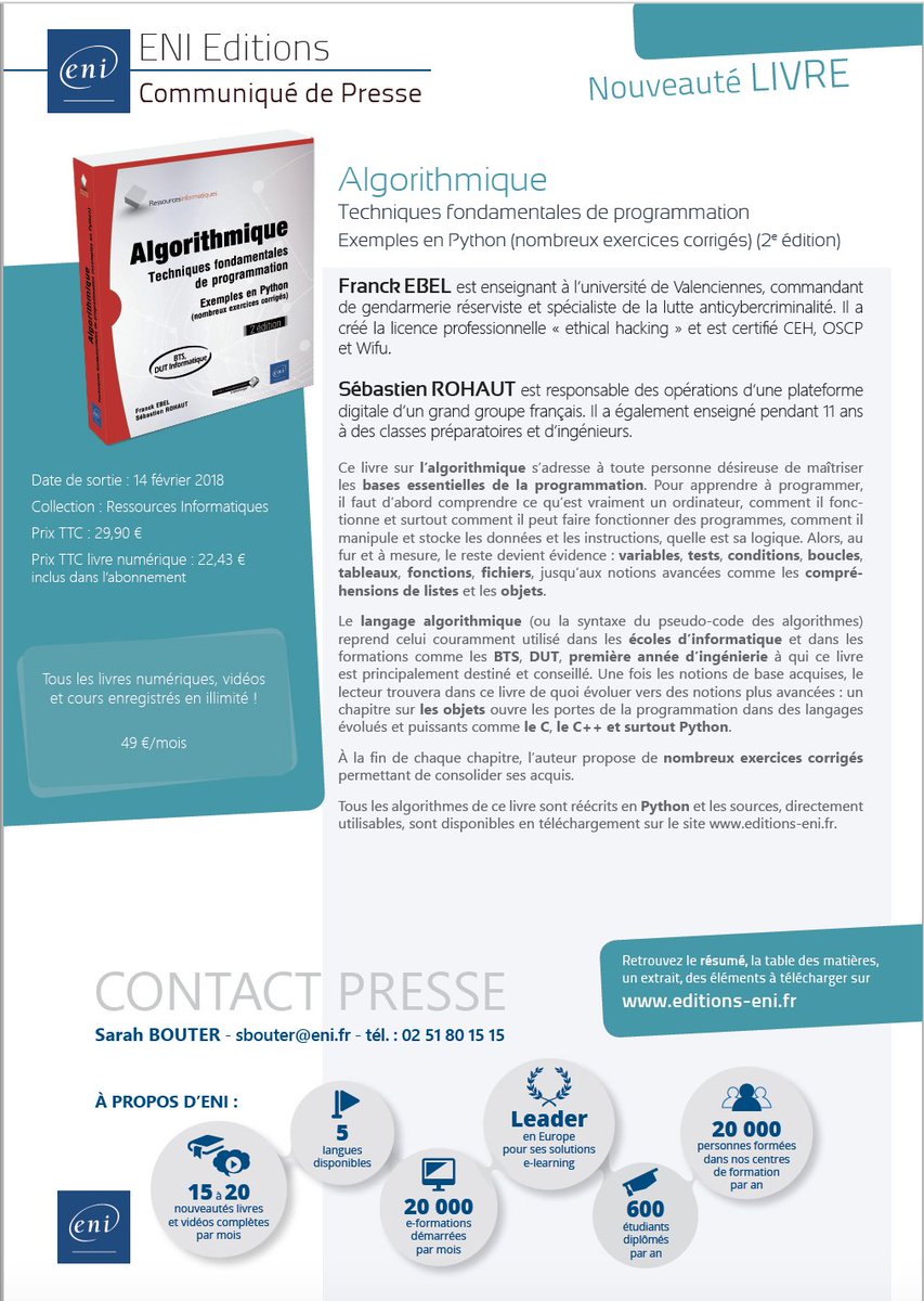 fasm3837's tweet image. Communiqué de Presse de mon livre qui sort cette semaine. #Python #algorithmie #BTSInfo #DUTInfo #informatique #CDAISI @Univ_UVHC @IUTValenciennes @zataz @RCCyberofficiel @progmag