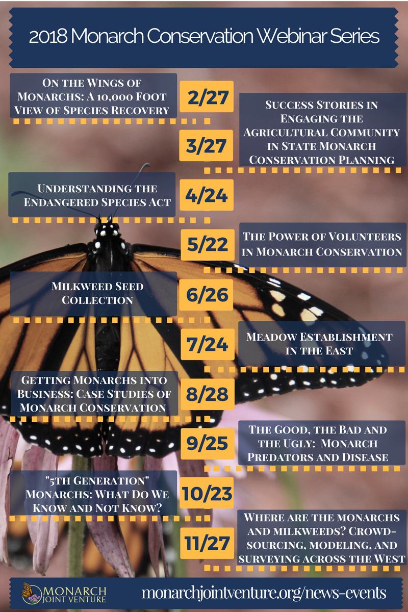 MonarchsJV's tweet photo. #HappyMonday! Today we're announcing our 2018 #Monarch Conservation #Webinar Series, to brighten your day. Register today for these great opportunities to learn about #monarchs!  https://t.co/stEtowjuDu 

Co hosted with @USFWSNCTC. #webinars #alwayslearning #monarchbutterfly https://t.co/fvcZhuJi6l