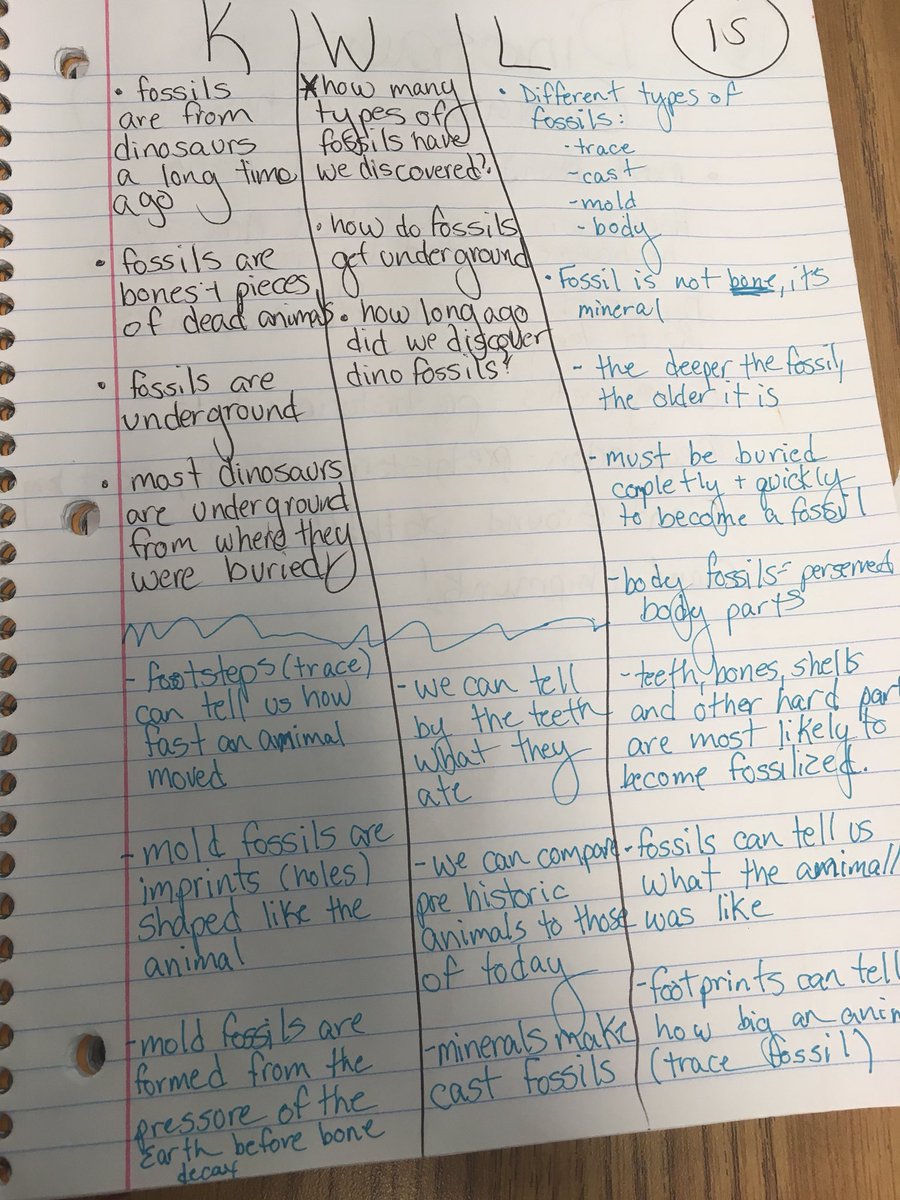 alison_tripp's tweet photo. So don’t judge my sloppy handwriting but my kids blew my mind with the “L” column on what they learned about fossils!!  Look at that scientific language they used!! #fossils #KWL #iteachtoo https://t.co/Ij3Bb5Btrj