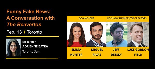 cjffjc's tweet image. .@TheBeaverton's satirical take on news provides much-needed comic relief. Feel the same way? Come see (and meet) the creators and anchors Feb. 13 in #Toronto. cjf-beaverton.eventbrite.ca #topoli #canpoli #onpoli #cdnmedia #tocomedy #Journalism