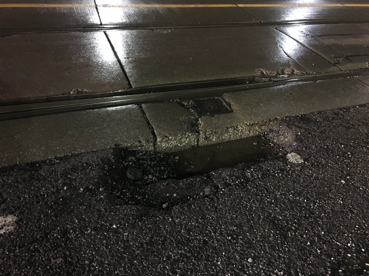 While driving to work this morning I hit this pot hole.   This was on Queen street under the Dufferin bridge Destroyed my tire #311 <a href="/311/">311</a>