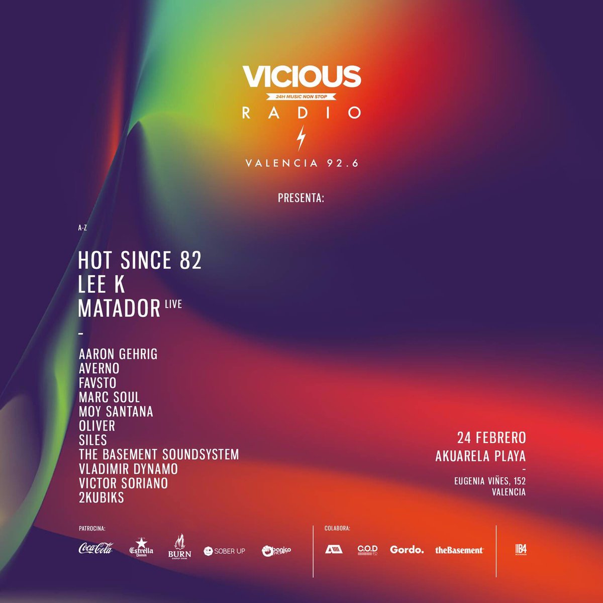 Vicious Radio Valencia presenta su nuevo dial por todo lo alto,el próximo día 24 Febrero en <a href="/AkuarelaOficial/">Akuarela Playa</a> con un cartel de lujo <a href="/hotsince82/">Hot Since 82</a> <a href="/lee_k__/">Lee K</a>  <a href="/Matador320/">Matador</a> y para rematar les acompañarán en las 3 áreas una representación de artistas locales habituales valenciana.