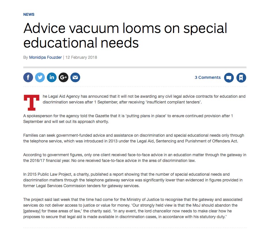 Geriaction's tweet image. SEND Advice Vacuum: No civil legal advice contracts for Education and Discrimination cases after 1 September according to @lawsocgazette. What's the wider story? @SM_EduComCare, @Coram, @SpcialNdsJungle, @IPSEAcharity