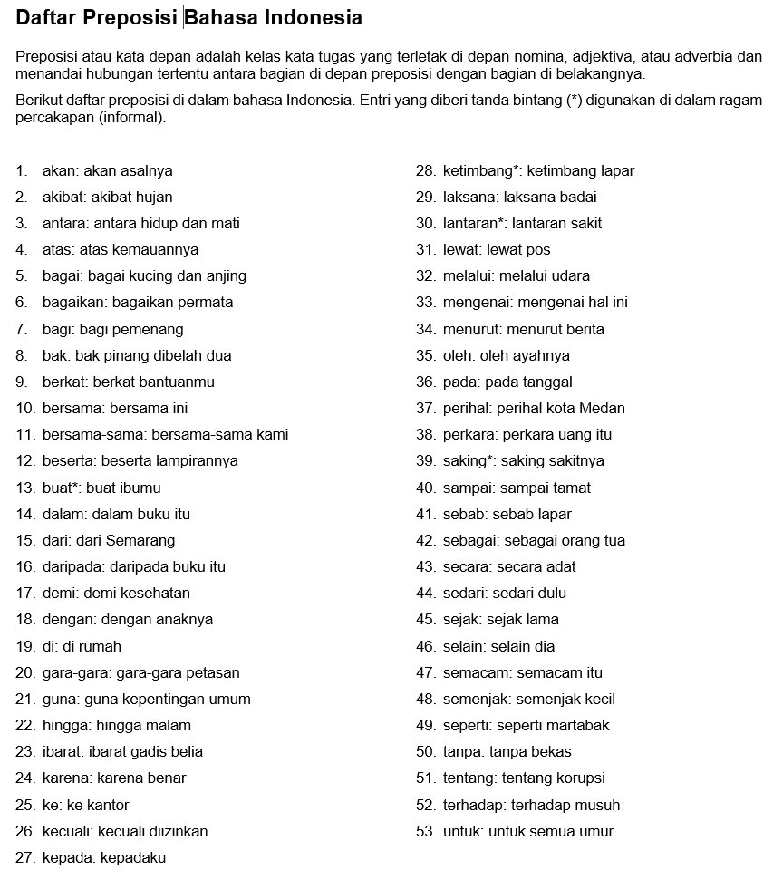 Ivan Lanin on Twitter: "Daftar Preposisi atau Kata Depan Bahasa