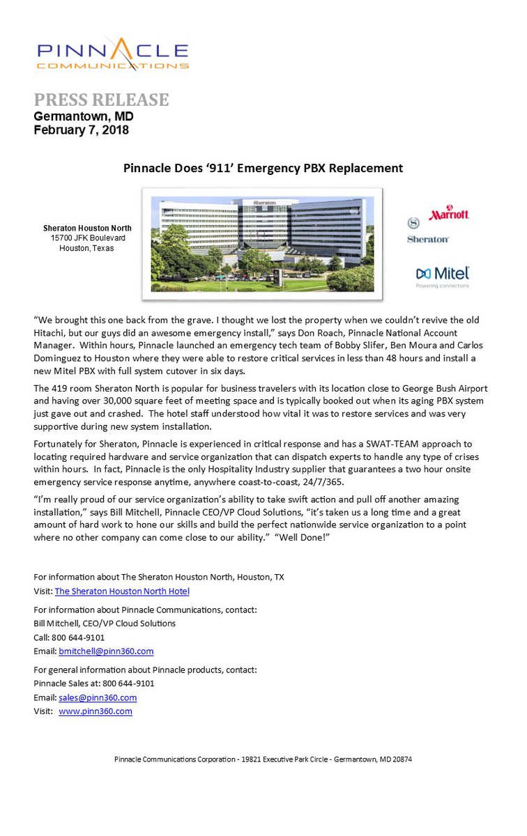 Pinn360's tweet photo. Pinnacle does "911" emergency PBX replacement.  @sheratonhotels @Mitel @PinnacleComm @Marriott https://t.co/KDVwH0393G
