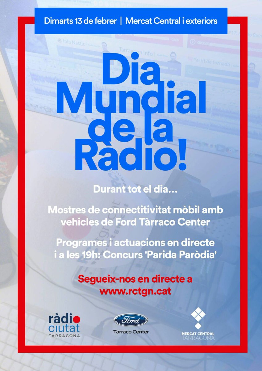 Dimarts 13 de febrer és el Dia Mundial de la Ràdio. I nosaltres ho  celebrarem des de les 9 a l'entrada del Mercat Central pel carrer Colom!  Tindrem programació especial:
11h-12h Plaça Corsini
12h-13h Programa especial d'esports
16h-19h <a href="/la_tarda/">La tarda</a>  
19h Parida Paròdia