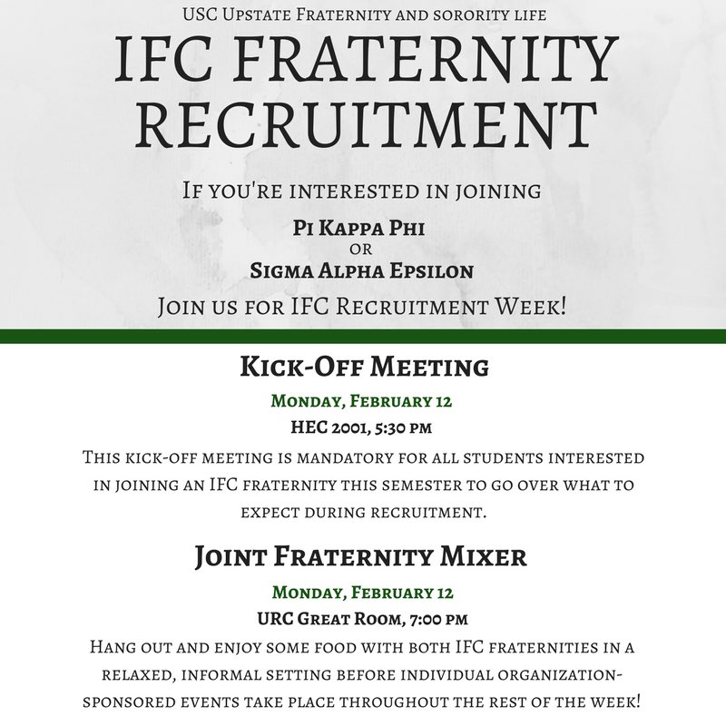 USCUpstateOSI's tweet photo. Recruitment Week starts TODAY! Swipe to see the full flyer for information about the kick off meeting #USCUpstate #IFCRecruitment https://t.co/tI1fjBIzVP