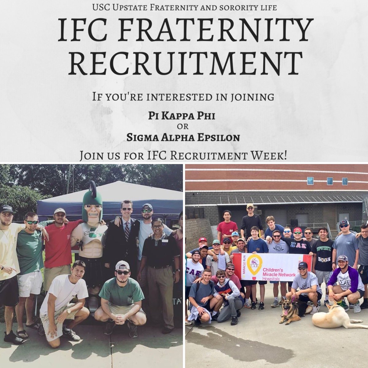 USCUpstateOSI's tweet photo. Recruitment Week starts TODAY! Swipe to see the full flyer for information about the kick off meeting #USCUpstate #IFCRecruitment https://t.co/tI1fjBIzVP