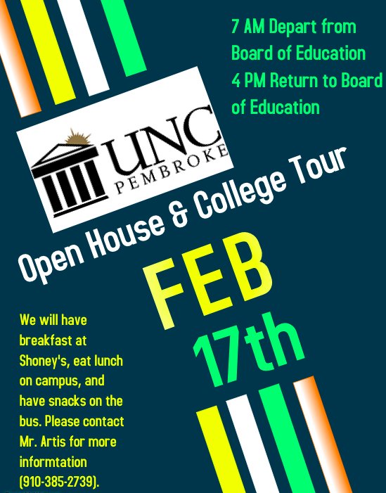 Saturday, we are traveling to @uncpembroke for their open house! This will be our second time visiting a #NCPromise School! We are leaving at 7 AM from the Board of Education, and we will return at 4 PM (same location)! For more information, contact Mr. Artis at 910-385-2739!