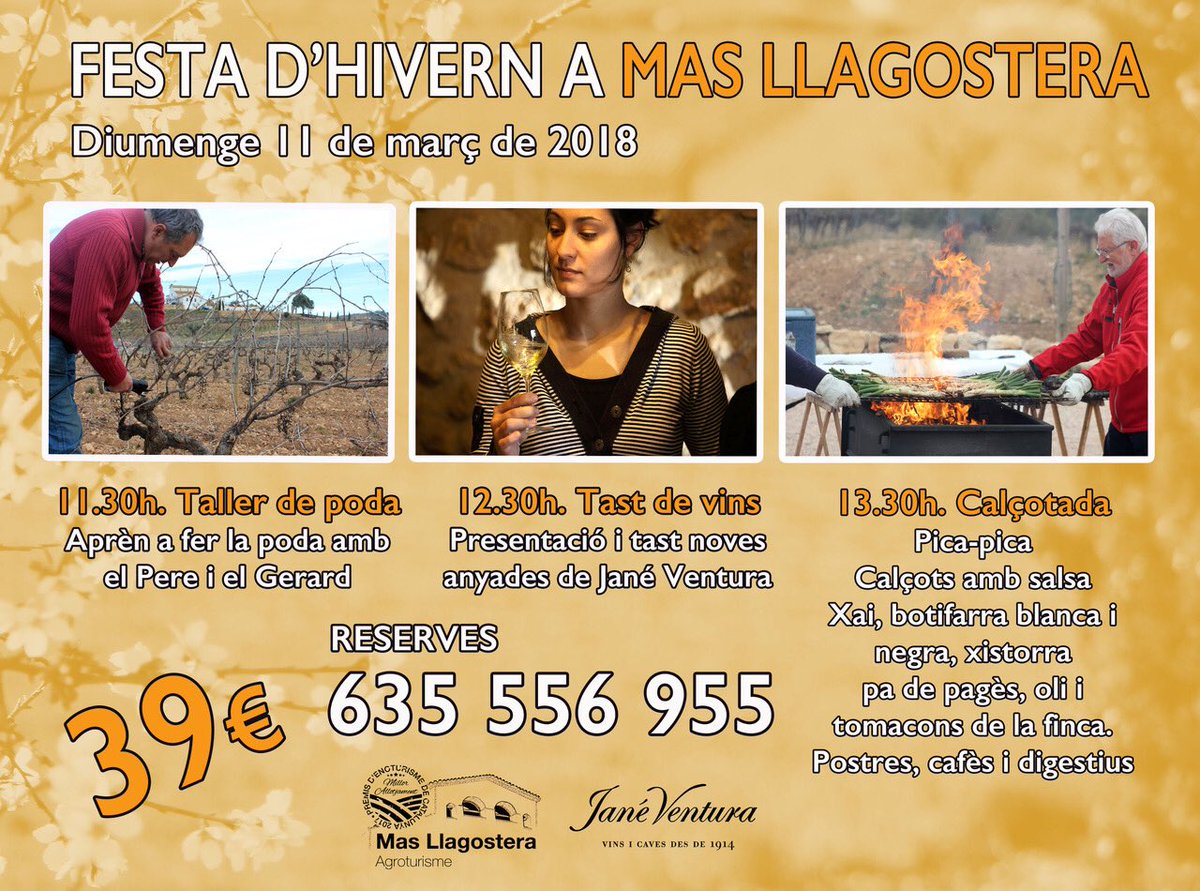 MasLlagostera's tweet photo. L’11 de març tens una cita a #masllagostera. Festa d’hivern amb taller de #poda a la #vinya, #tast de #vins de la @dopenedes de @janeventura1914, i #calçotada gourmet. Una cita de les que no s’obliden!!!
#Penedès #turismerural #enoturisme https://t.co/qii0vItN2q