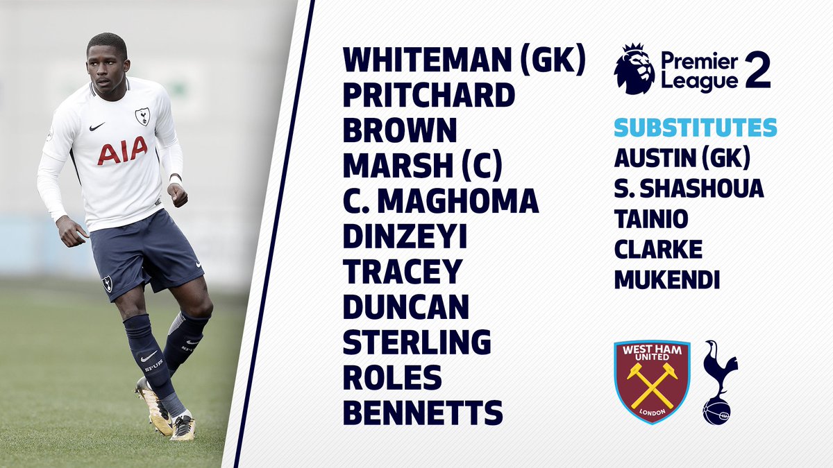 SpursOfficial's tweet photo. Our U23s are in #PL2 action against @WestHamUtd at Dagenham &amp; Redbridge tonight, KO 7pm. We'll update you at HT and FT. Here's how we line up... #COYS https://t.co/31yGJWti7F