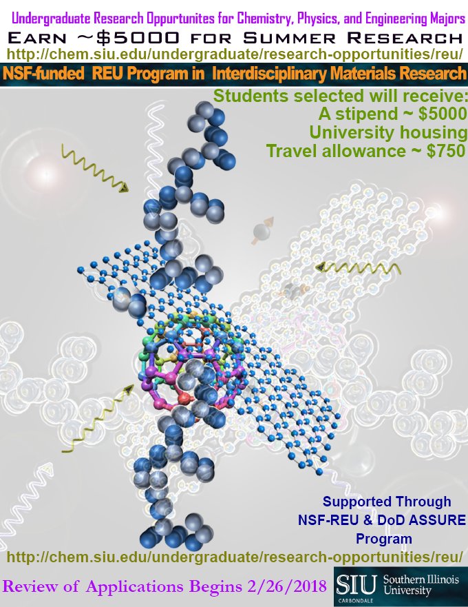Chem, Phys, Engineer Undergrads - Consider applying to #SIU for our #NSFfunded REU program in Interdisciplinary Materials Research.  Come for a great learning experience and explore some of the beauty of So. Ill.   Please RT.  chem.siu.edu/undergraduate/…