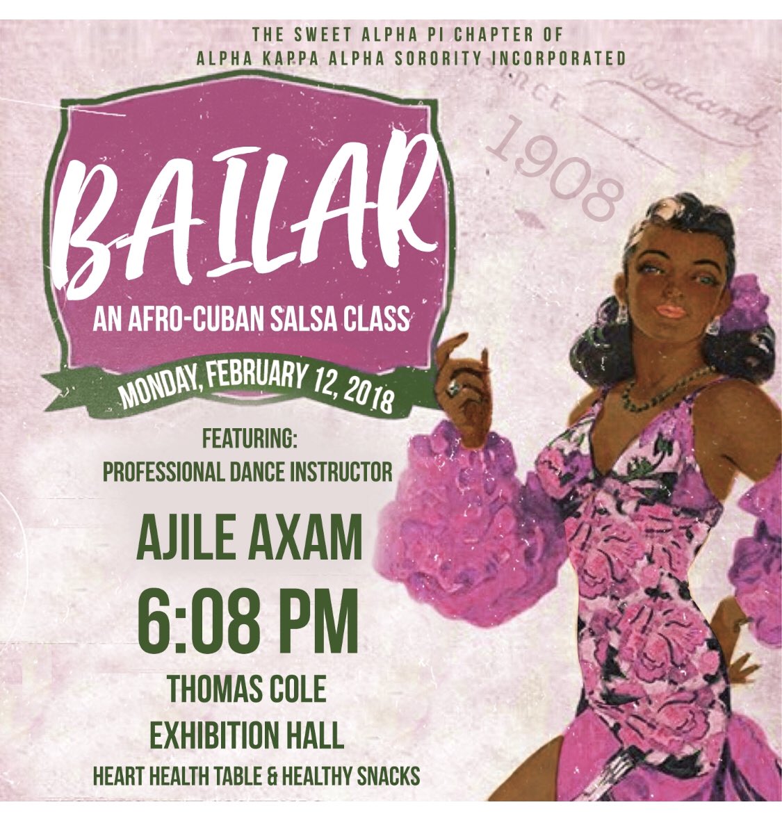 HannahhCheyenne's tweet image. AKA-Trip: Havana Nights 🌴🌸Destination #1️⃣: 

Bailar: An Afro-Cuban Salsa Class hosted by the SWEET Alpha Pi Chapter! Meet us in the Thomas Cole Exhibition Hall at 6:08PM 💕 #SweetAlphaPi