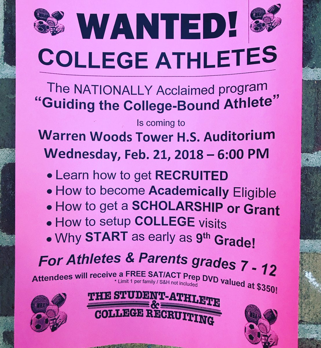 wwtclassof2021's tweet photo. 🚨Attention all student athletes and parents of students in grades 7-12: The nationally acclaimed program “Guiding the College-Bound Athlete” is coming to the WWT Auditorium next Wednesday, February 21, 2018 at 6:00 pm #TitanNation #TitanPride https://t.co/D7V6wOm7tQ