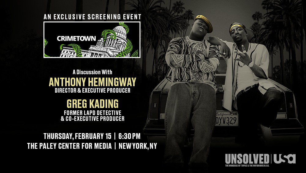 NYC - Attend an exclusive screening of @USA_Network’s #UnsolvedUSA Thursday, 2/15 with special guests @shinybootz and @GregKading, hosted by @MSmerling and @MrZacsp from @crimetown. Register now: usanet.tv/2Har2jd