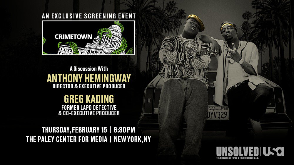 NYC - Attend an exclusive screening of @USA_Network’s #UnsolvedUSA Thursday, 2/15 with special guests <a href="/shinybootz/">Anthony Hemingway</a> and <a href="/GregKading/">Greg Kading</a>, hosted by @MSmerling and @MrZacsp from <a href="/crimetown/">Crimetown</a>.

Register now: usanet.tv/2Har2jd