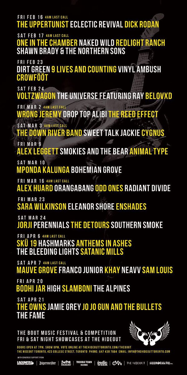 orangaband's tweet photo. Upcoming dates for The Bout at @hideouttoronto - we are performing on March 16th &amp; last call will be 4AM! Join us with your friends for a great night.🎙#theBoutToronto #theboutatthehideout #aBoutLiveMusic #toronto https://t.co/F5dbqyhPkL