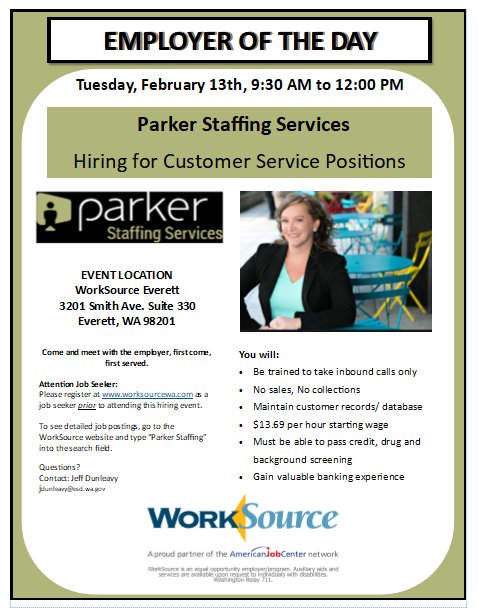 Kick start your career with Washington Federal and get paid $13.69 /hour ($20.54/hour overtime) <a href="/WorkSourceSnoCo/">WorkSource Snohomish</a> - 9:30 AM to noon <a href="/wforcesnohomish/">Workforce Snohomish</a> <a href="/parkerstaff/">ParkerStaffSolutions</a>