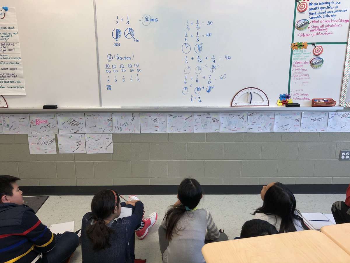 MsDudani's tweet photo. This is how mini lessons about #mathstrings are taught! @ctfosnot @sjamps @YRDSBmath  They figured it all out with just 1/2 + 1/3!! #fractions #connections #buildingcapacity https://t.co/lPQQZXcrWZ