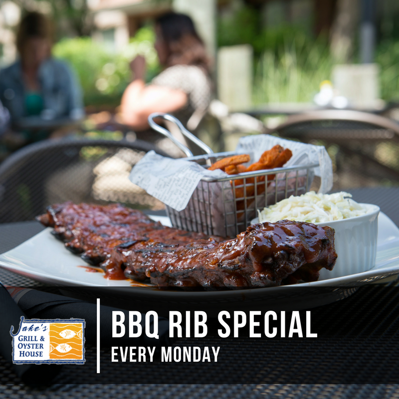 Every Monday, enjoy a full rack of ribs with coleslaw and fries for only $17.99! Offer starts at 4pm, see you tonight? #Jakes #Oyster #Fish #Seafood #Burlington #Burlont #BBQ #Ribs #MondaySpecial #Fresh #FreshFish