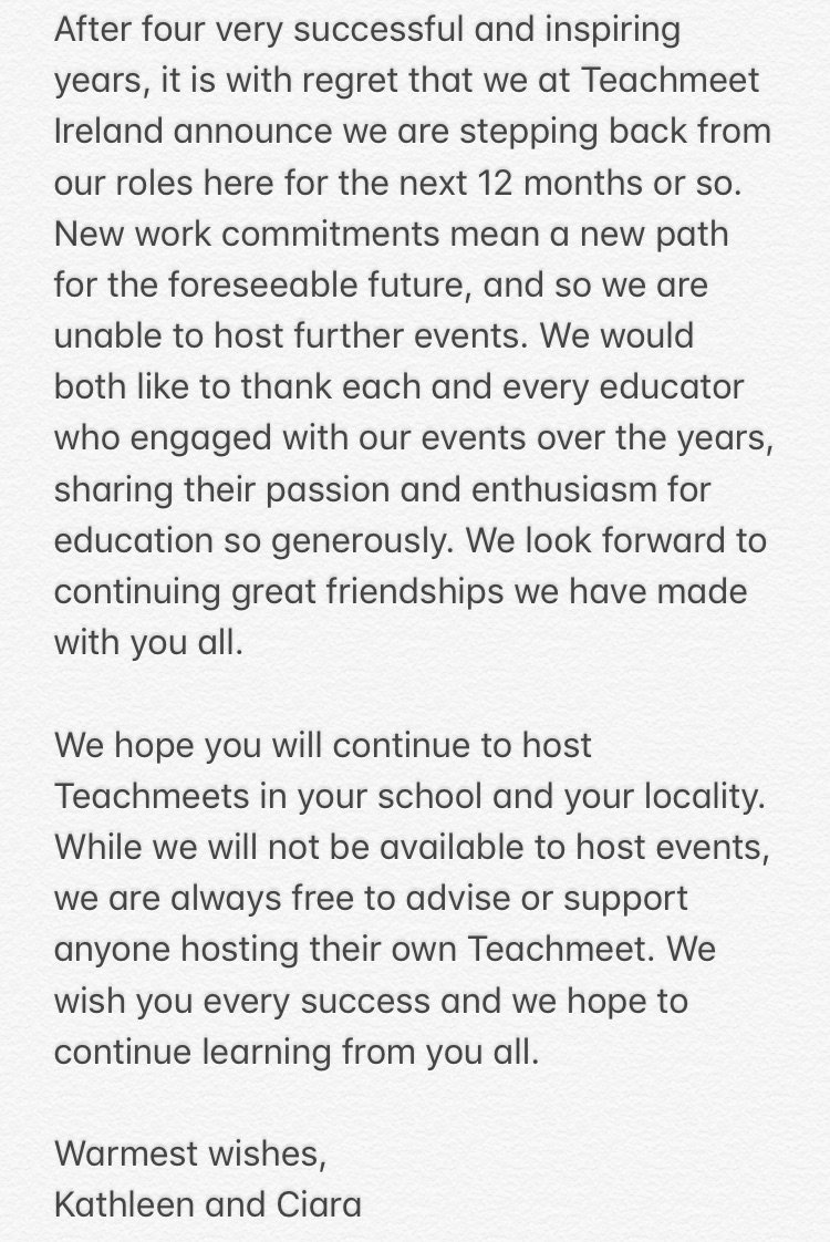 Teachmeet Ireland (@teachmeetirl) on Twitter photo An update to share. It is now time to move to pastures new and pass the baton onto you to continue this model in your school/locality.
Thank you all so much for your friendship, support and enthusiasm for our venture over the past four years.
- <a href="/katzb21/">Caitlin Ni Bhroin</a> & <a href="/PrimEdTeacher/">Ciara Reilly</a> ๐ An update to share. It is now time to move to pastures new and pass the baton onto you to continue this model in your school/locality.
Thank you all so much for your friendship, support and enthusiasm for our venture over the past four years.
- <a href="/katzb21/">Caitlin Ni Bhroin</a> & <a href="/PrimEdTeacher/">Ciara Reilly</a> ๐