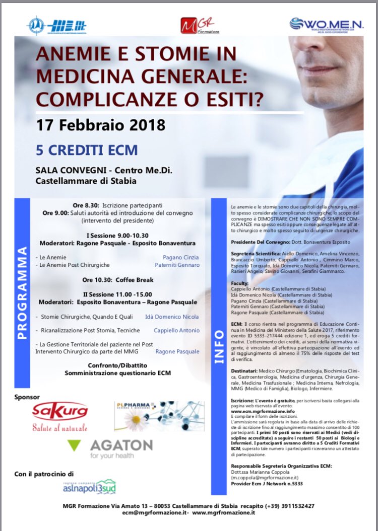 MgrFormazione's tweet photo. Congresso “Anemie e stomie in chirurgia generale : Complicanze o esiti ?” 17 Febbraio 2018 - Castellammare di Stabia https://t.co/Krrl66oidx