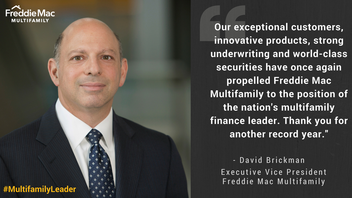 FreddieMac's tweet photo. We're proud to be the nation's multifamily finance leader again in 2017.
#MBACREF18 #MultifamilyLeader https://t.co/zjbKEMvwdp