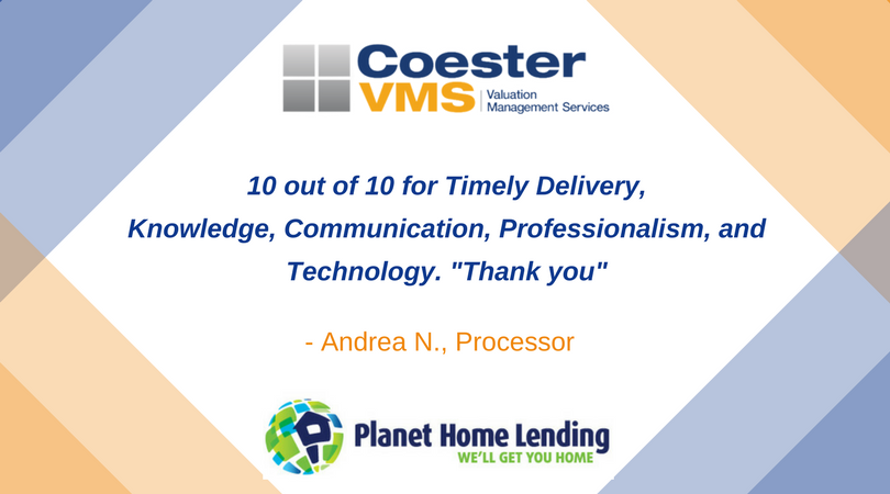 CoesterVMS's tweet photo. We always love hearing from our clients and customers! Thank you Andrea N. for the positive review, and we look forward to our continued partnership with #PlanetHomeLending. #ThankYou #CoesterVMS #Positivity #Reviews https://t.co/B7JITsuZNH
