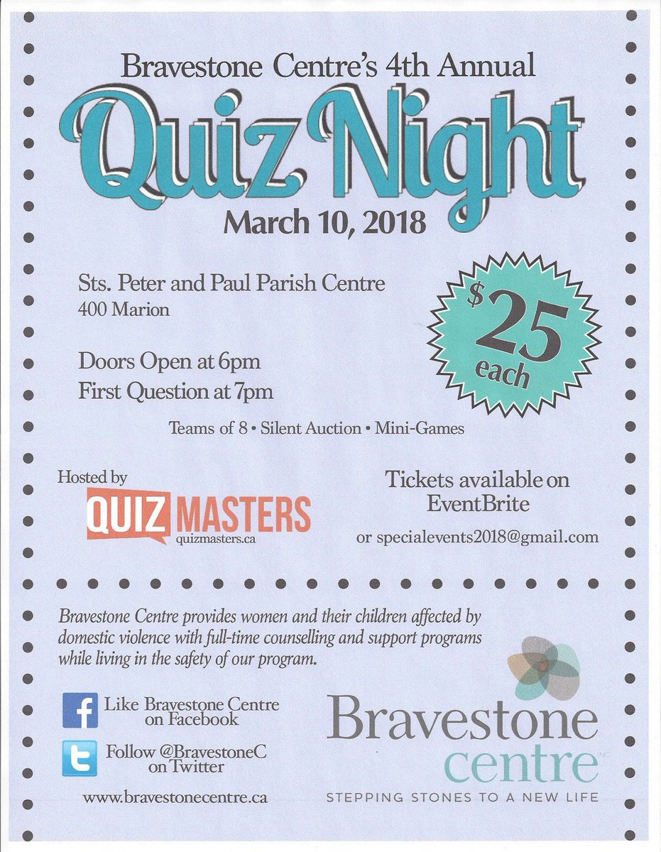 BravestoneC's tweet photo. Don't miss the fun &amp;  join us for our 3rd annual Quiz Night in support of Bravestone Centre. Be a part of helping women &amp; children who are dealing with the impact of domestic violence and rebuilding safer, stronger tomorrows. #domesticviolenceawareness #EndVAW #bravestonecentre https://t.co/ybOzAc1UqB