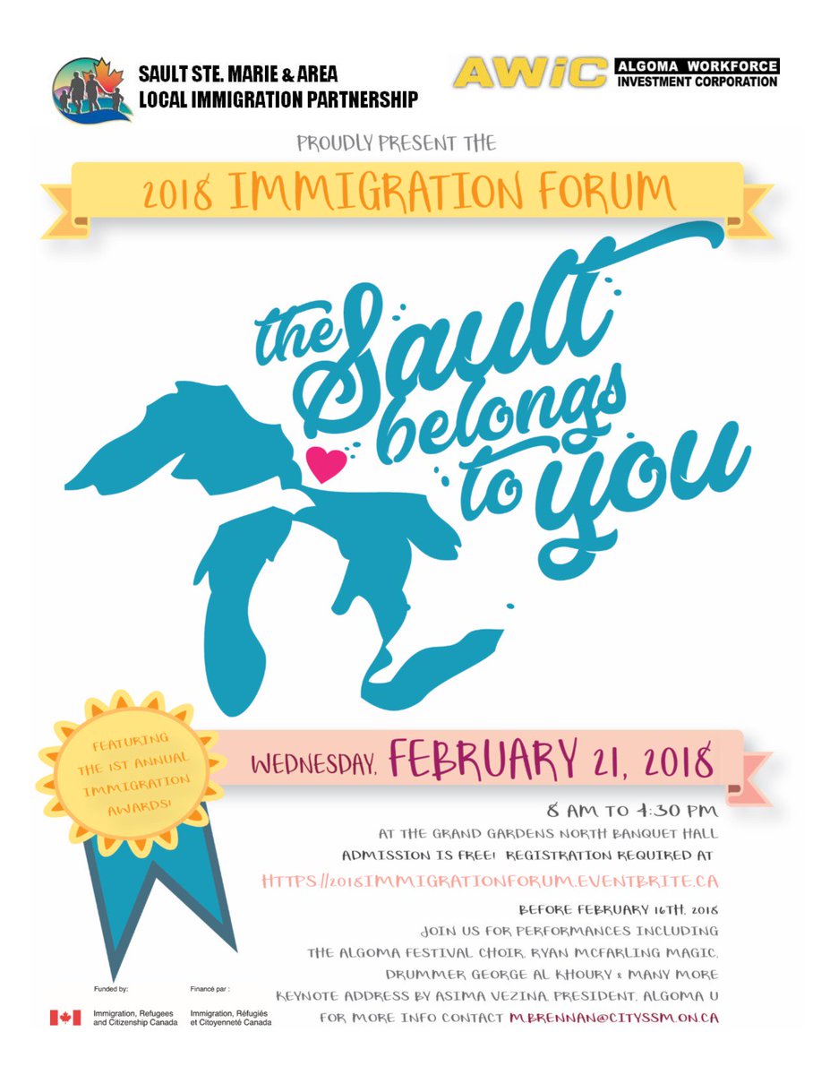 Planning on attending the 2018 Immigration Forum? Register by Friday! More info: saultstemarie.ca/Newsroom/Janua… https://t.co/BQKFQVfUl8