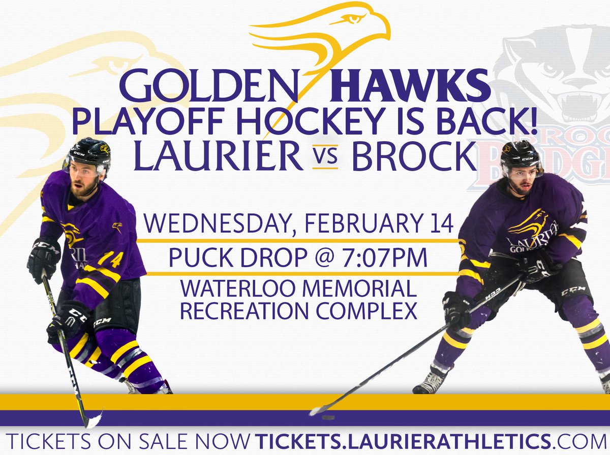 WLUAthletics's tweet photo. PLAYOFFS ARE HERE! M🏒 is set to take on the @BrockBadgers this week in Round 1. Make sure you come out and cheer on the 💜💛

Game 1⃣: Wednesday, Feb 14 at 7:07pm
Game 3⃣: Sunday, Feb 18 at 7:07pm *If necessary
🎟️: https://t.co/jhps0eEm2u https://t.co/K3ODPDPqlO
