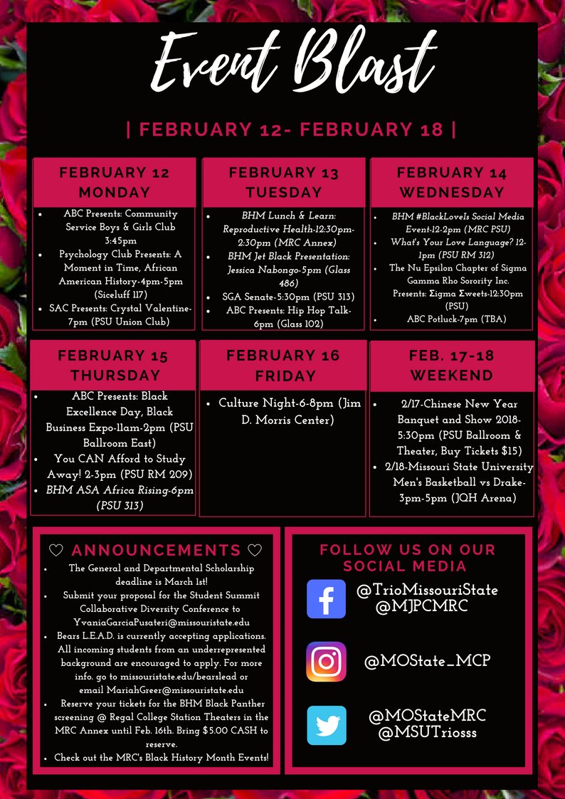 mostatemp's tweet photo. Another great week of events @MissouriState check it out! #MulticulturalServices #GoMaroon #BearsOfDifference https://t.co/UJX1cY3sb7
