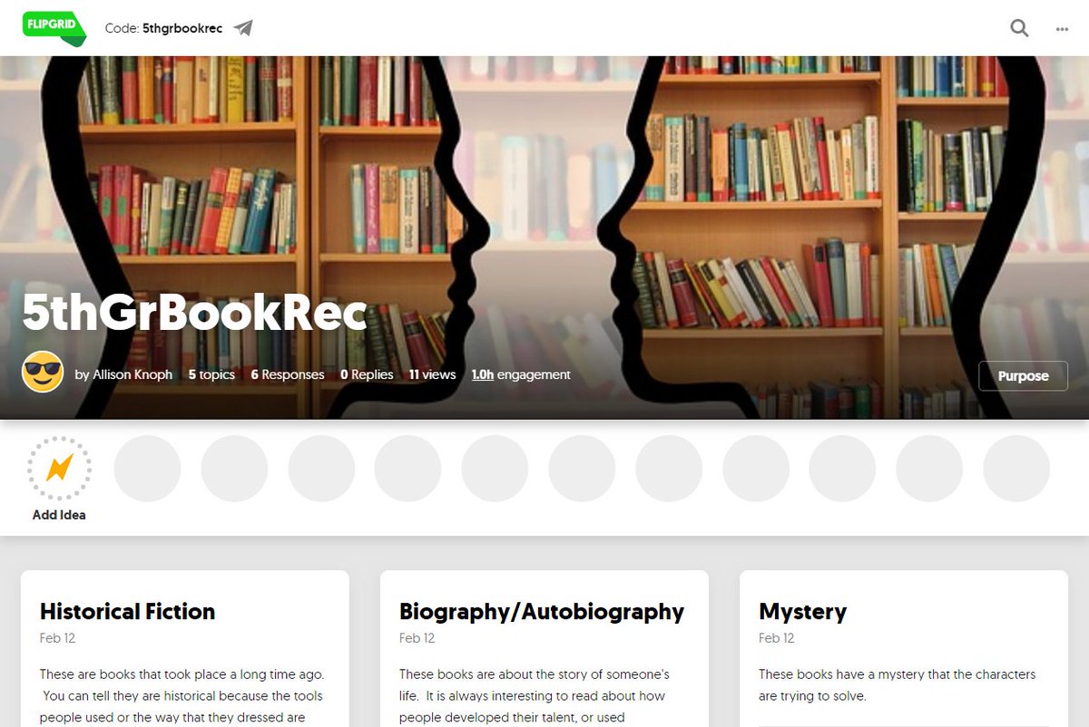 KnophsKids's tweet photo. Our class has created a @Flipgrid to collect book recommendations from our peers!  We'd love to hear from other 5th graders what books they loved!  #5thchat #ditchbook #elemchat #aussieed #tlap #stuvoice #21stedchat https://t.co/iRjMTay0PD