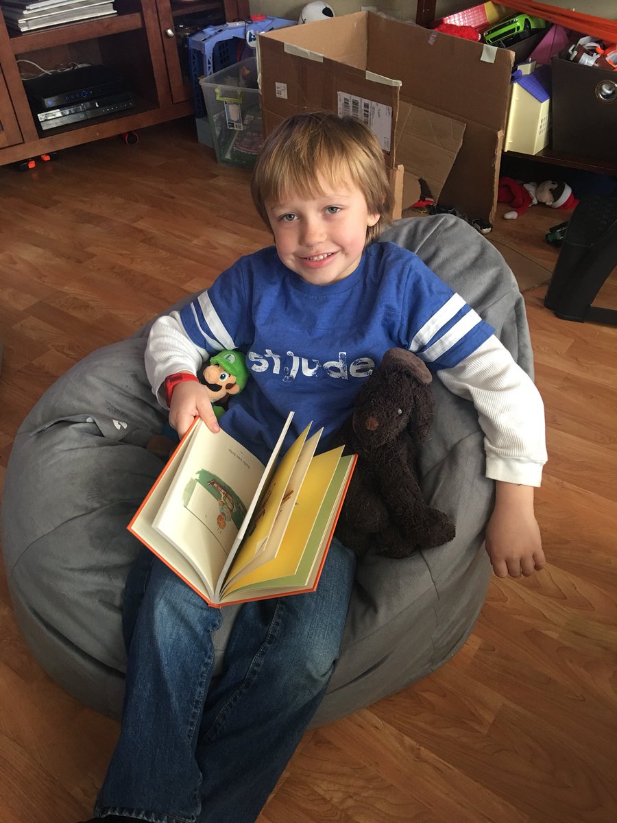 2ShellBell's tweet image. Will’s favorite reading spot, his comfy beanbag chair, with his stuffed animals!!  @khickslms, #CRESreads