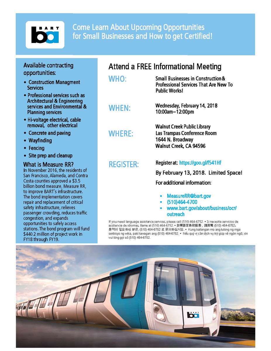 LaunchCoachbiz's tweet photo. BART Measure RR Contracting Opportunities # Business #Bart
https://t.co/KPCGuMkEgg https://t.co/ZIQdi3YIW0
